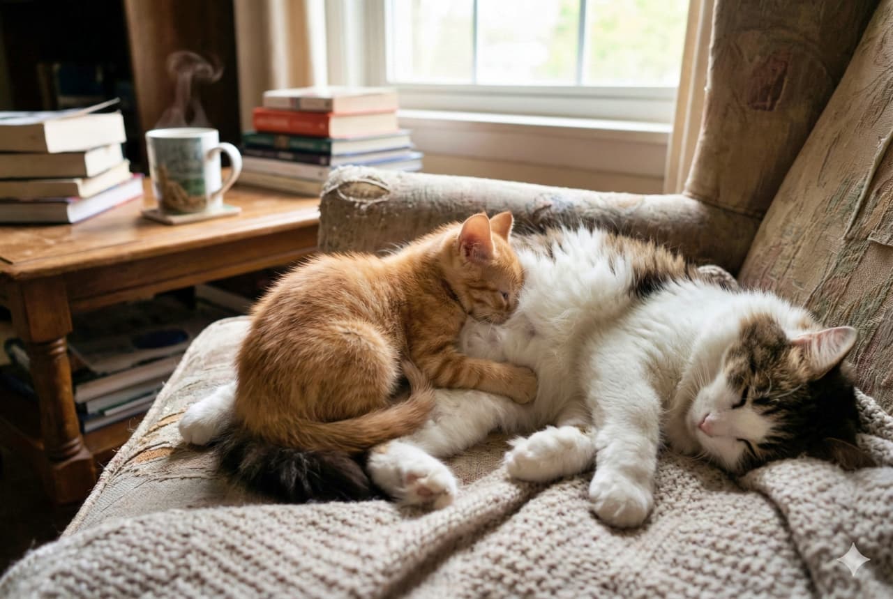 「ママのお腹でかくれんぼ？仰向けでリラックスする母猫と遊ぶ子猫が楽しそう！」A realistic photo of a calico mother cat lying relaxed on her back on a beige sofa, while a small ginger kitten playfully buries its face into her belly fur. ベージュのソファの上で仰向けになってリラックスしている三毛猫の母猫のお腹の毛に、小さな茶トラの子猫がじゃれついて顔を埋めているリアルな写真