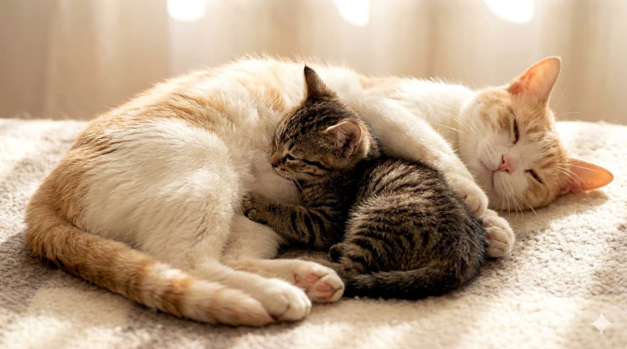 「ぽかぽか日向でお昼寝タイム。ママの腕に包まれて安心しきった子猫の寝顔が可愛すぎる〜！」A heartwarming photograph of a ginger and white mother cat and a small tabby kitten sleeping curled up together on a sunlit beige carpet. The kitten is nuzzling into the mother's belly, and the mother has her paw gently around the kitten. 日当たりの良いベージュのカーペットの上で、茶白の母猫とキジトラの子猫が寄り添って幸せそうに眠っている写真。子猫は母猫のお腹に顔を埋め、母猫は子猫を優しく前足で抱き寄せている