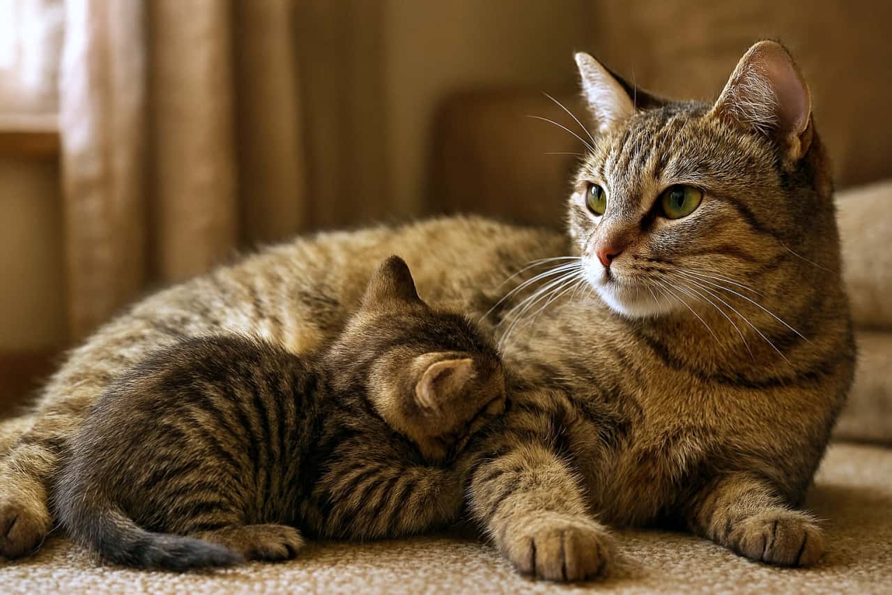 「ふわふわトンネル発見にゃ！今日はここがぼくの秘密基地🐾」A realistic horizontal image of a kitten playfully burrowing into its mother cat’s soft belly fur in a warm indoor setting. The mother cat lies relaxed on a beige carpet while the kitten nestles into her fluffy underside, creating a tender and cozy moment. 暖かい室内で、子猫が母猫のお腹のふわふわした毛に潜り込んで遊んでいる様子をリアルに描いた横長の画像。母猫はベージュのカーペットの上でくつろぎ、子猫はその柔らかい毛に顔をうずめている、ほほえましい瞬間