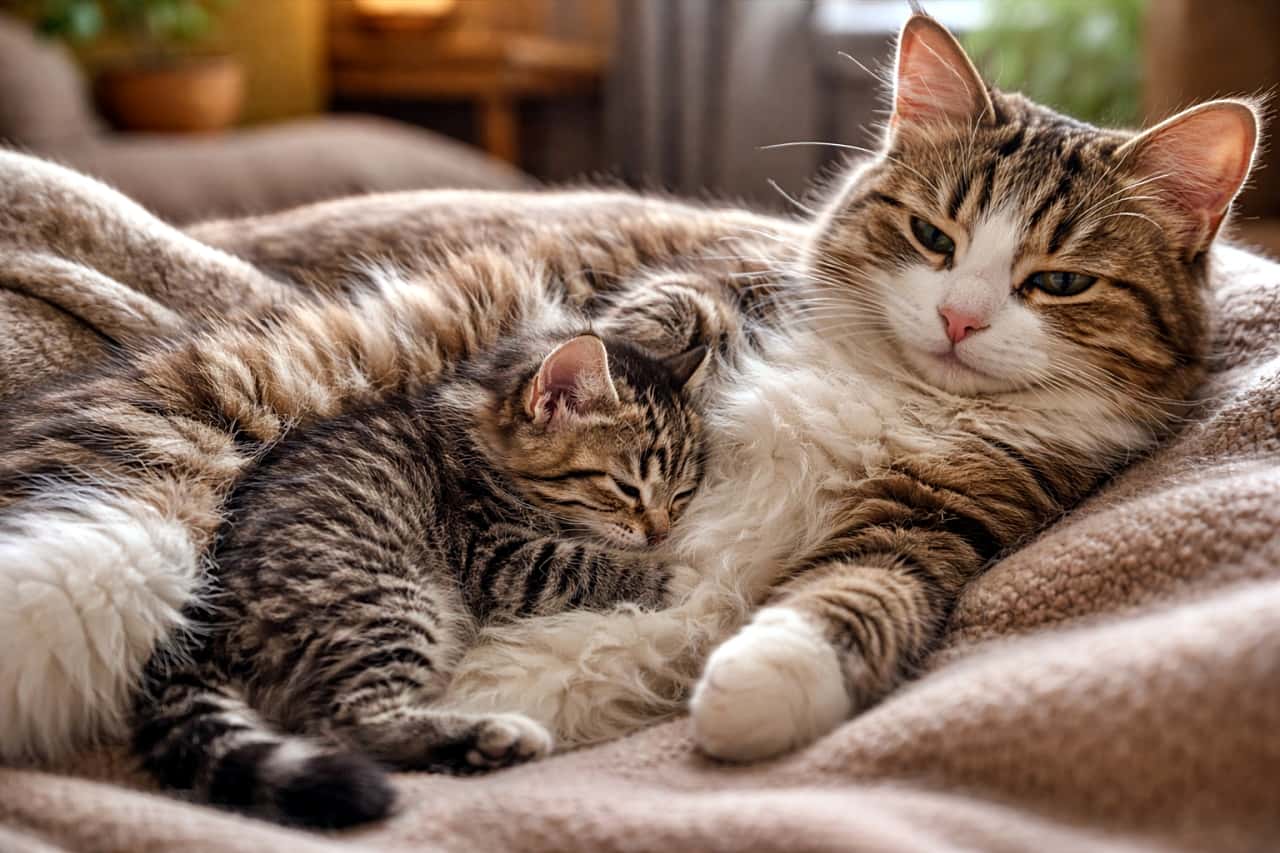 「安心の特等席。母猫のお腹にぐいっと潜り込む、甘えんぼ子猫の幸せ時間🐾」A kitten playfully burrowing into its mother cat’s soft belly fur in a cozy indoor setting, realistic style, horizontal composition. 室内の穏やかな空間で、子猫が母猫のお腹の毛に楽しそうに潜り込むリアルな写真