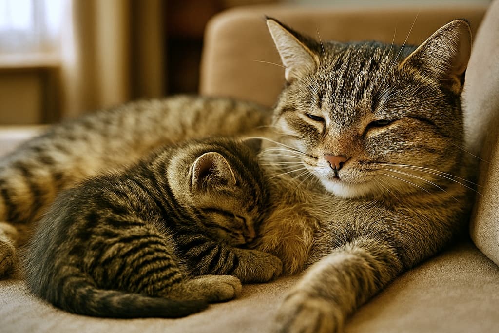 「ぬくぬく毛布より、ママのお腹がいちばん安心にゃ」A realistic image of a tabby kitten curled up and sleeping against its mother cat’s belly on a soft couch. The mother cat has a relaxed expression with half-closed eyes, while warm lighting enhances the cozy indoor atmosphere. 柔らかいソファの上で、子猫が母猫のお腹に寄り添って眠っているリアルな画像。母猫は目を細めてリラックスしており、暖かい光が室内のぬくもりを引き立てている