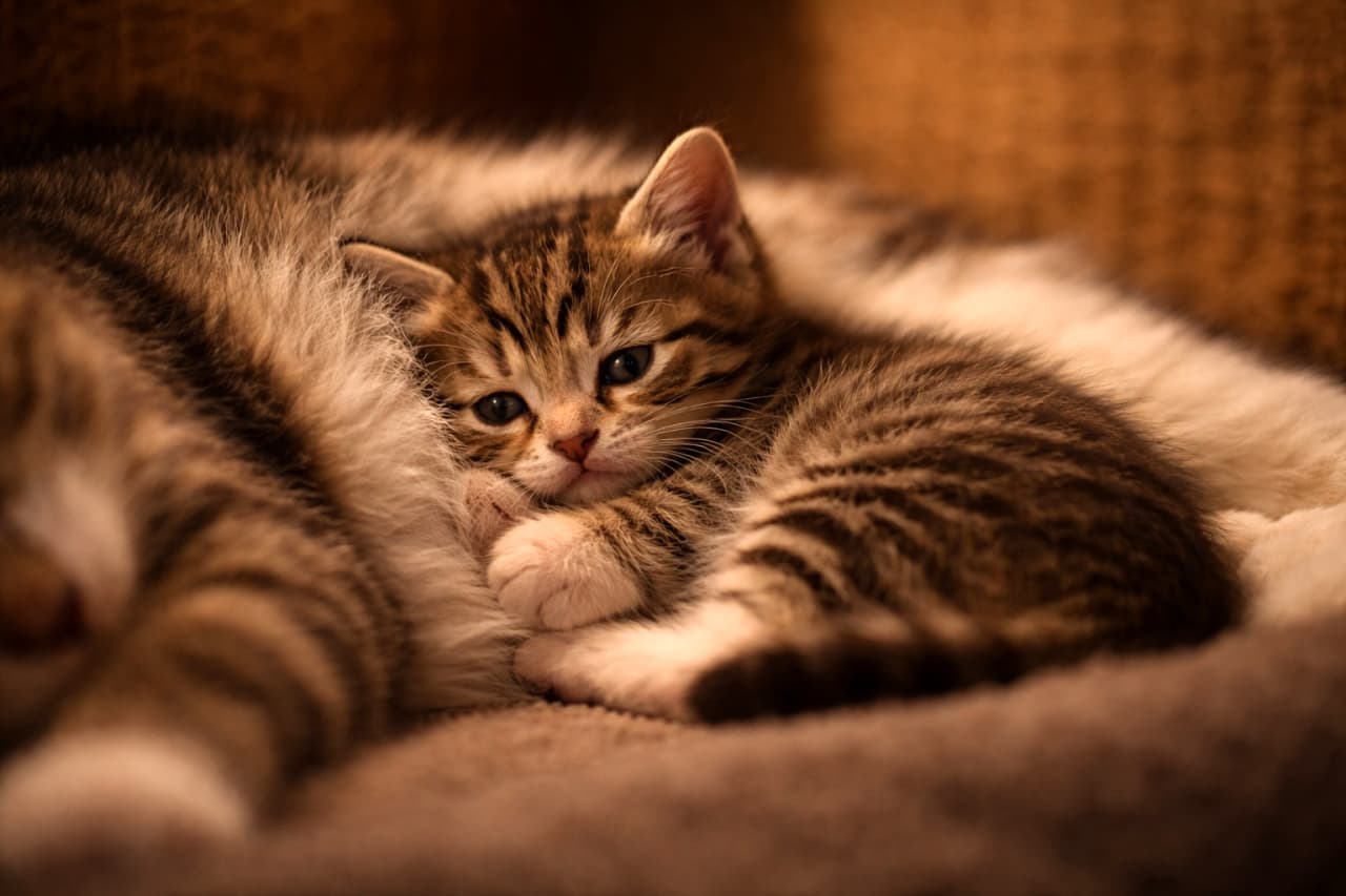 「お母さんのお腹がいちばんの特等席。ぬくもりに包まれて、安心しきった子猫のひととき🐾」A kitten cuddling close to its mother cat’s belly in a cozy corner, resting peacefully in dim warm light. 薄暗く暖かな光の中、居心地の良い隅で母猫のお腹に寄り添い安心して眠る子猫