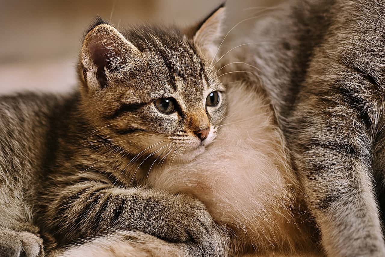 「ママのお腹にそっとタッチ…心の音が聞こえる気がするにゃ」A realistic high-resolution horizontal photo of a kitten pressing its cheek against the mother cat’s belly as if listening to her heartbeat. The kitten’s eyes are closed in peaceful concentration, and the mother’s fur surrounds it protectively. 子猫が母猫のお腹に頬を寄せ、まるで心音を聞いているかのような姿を写した、リアルで高解像度の横構図写真。子猫は目を閉じて静かに寄り添い、母猫の毛並みが優しく包み込んでいる