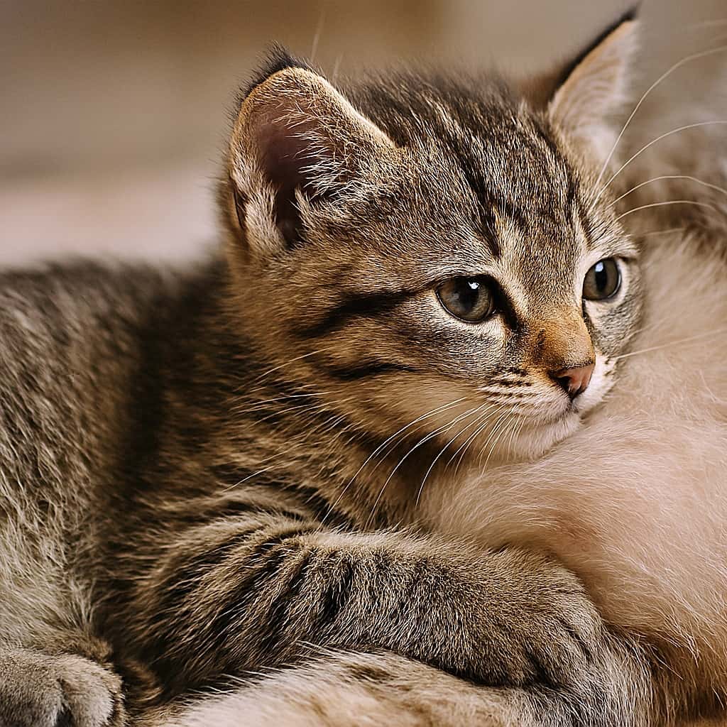 「ママのお腹にそっとタッチ…心の音が聞こえる気がするにゃ」A realistic high-resolution horizontal photo of a kitten pressing its cheek against the mother cat’s belly as if listening to her heartbeat. The kitten’s eyes are closed in peaceful concentration, and the mother’s fur surrounds it protectively. 子猫が母猫のお腹に頬を寄せ、まるで心音を聞いているかのような姿を写した、リアルで高解像度の横構図写真。子猫は目を閉じて静かに寄り添い、母猫の毛並みが優しく包み込んでいる