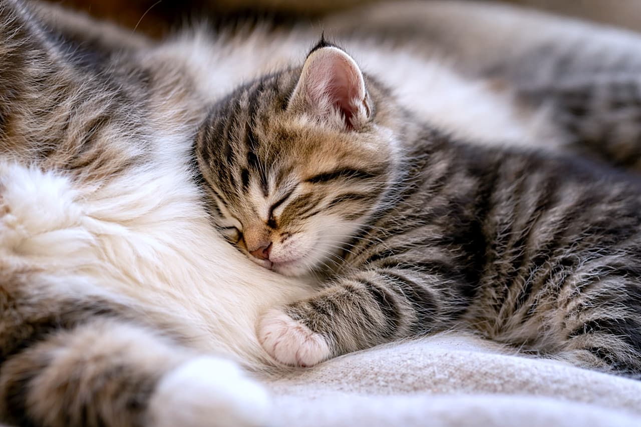 「母猫のぬくもりと心音にうっとり。ほっぺをくっつけて安心チャージ中の子猫🐾」A kitten gently pressing its cheek against its mother cat’s belly, resting peacefully as if listening to her heartbeat in a warm indoor setting. 子猫が母猫のお腹に頬をそっと押し当て、心音を感じるように安心して寄り添っている様子