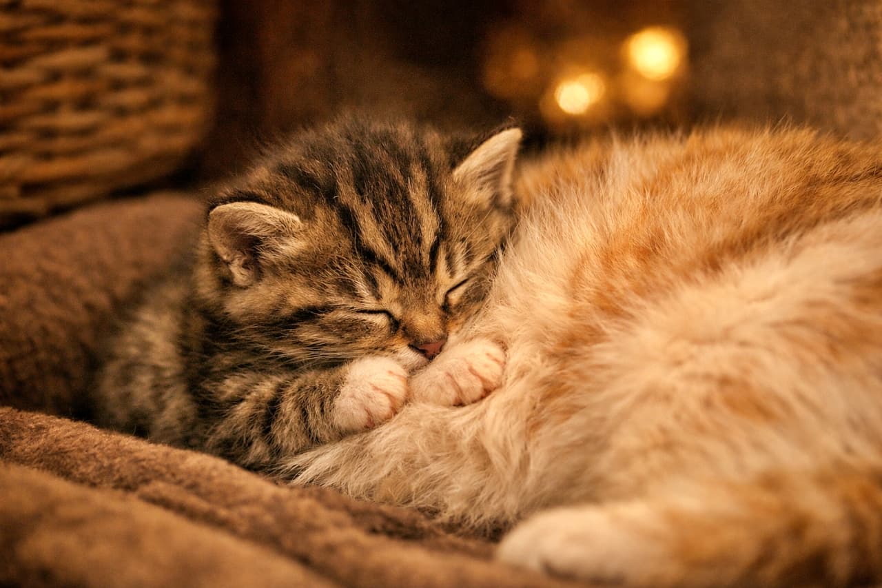 「お腹にぎゅっと顔うずめて、安心フル充電中。このぬくもり、ずっと見ていたい…🐾」A tiny kitten nestling its face into its mother cat’s belly, gently pressing its front paws against her soft fur in a cozy corner with warm, dim lighting. 小さな子猫が母猫のお腹に顔をうずめ、前足でふわふわの毛をそっと押しながら寄り添っている、暖かな薄暗い空間の写真