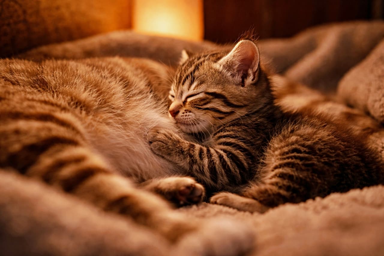 「ぴったり寄り添う母猫と子猫。静かなぬくもりが伝わる、やさしい授乳のひととき」A realistic photo of a kitten nursing from its mother cat in a cozy corner, softly lit with warm, dim lighting 暖かな薄暗い光の中、居心地の良い場所で母猫から授乳する子猫のリアルな写真