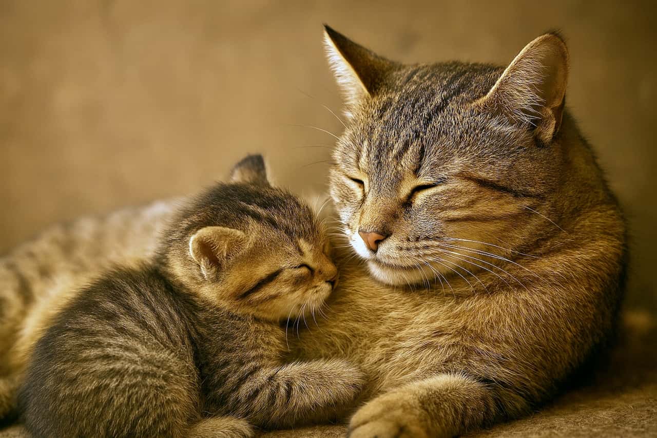 「あったかお腹でスヤスヤ…親子のぬくもりタイム」A small tabby kitten gently nuzzling into its mother cat’s warm belly fur, both resting closely together in soft, golden light. The mother cat’s eyes are closed as the kitten buries its face into her fur, creating a tender, intimate moment. 子猫が母猫のお腹の柔らかい毛にそっと顔をうずめ、寄り添って眠るようにくつろいでいる様子。母猫は目を閉じ、温かい光の中で穏やかな親子の触れ合いが描かれている