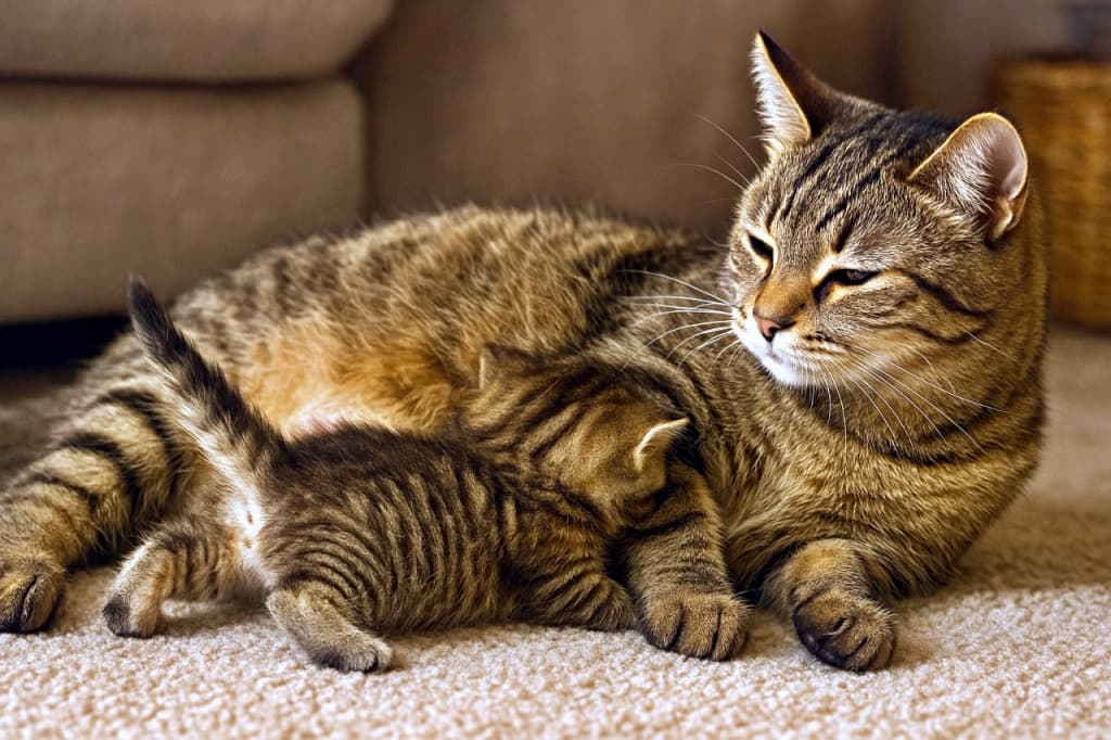 「ここがいちばん落ち着く場所。母猫のお腹にすっぽり収まる、安心全開の子猫タイム🐾」A kitten snuggled into its mother cat’s belly while the mother rests calmly on a carpeted floor, warm indoor lighting, realistic style, horizontal composition. カーペットの上で横になる母猫のお腹に、子猫が顔をうずめて甘える様子を写した室内のリアルな写真
