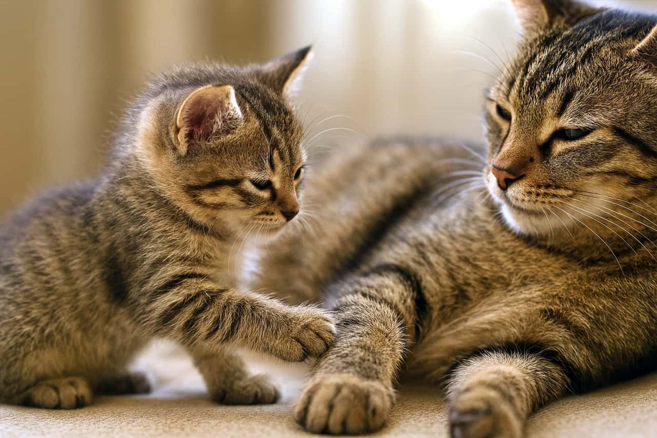 「「ちょんっ…これが“安心”の手ざわりニャ！」そっと重なる、やわらかな足音 (Gentle Paws on Fur)」A small kitten gently touches its mother cat’s soft belly fur with tiny paws in natural daylight, captured in a realistic horizontal photo. 自然光の中で、子猫が小さな前足で母猫のお腹の柔らかい毛にそっと触れている様子を写したリアルな横構図の写真