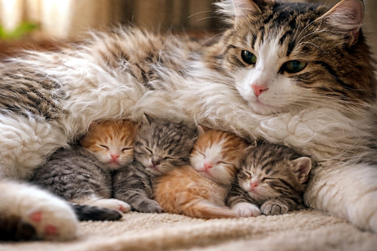 「ぬくもりはお母さん印。ぎゅうぎゅうに集まって、今日も全力で夢の世界へ」Several kittens snuggling closely under their mother cat’s soft belly fur for warmth, sleeping peacefully in gentle indoor lighting, horizontal composition. 母猫のお腹の柔らかな毛の下で、数匹の子猫たちが寄り添いながら眠っている室内の穏やかな光景
