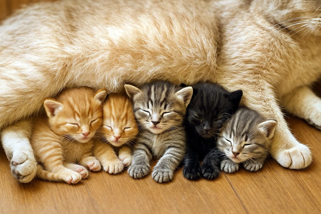 「お腹の下は特等席。ぬくもり独り占めで、みんな同時に夢の国」Several kittens of different coat colors sleeping closely together under their mother cat’s belly fur for warmth, captured in soft indoor lighting, horizontal composition. 母猫のお腹の毛の下で、毛色の異なる複数の子猫たちが寄り添って眠っている、柔らかな室内光の横構図写真