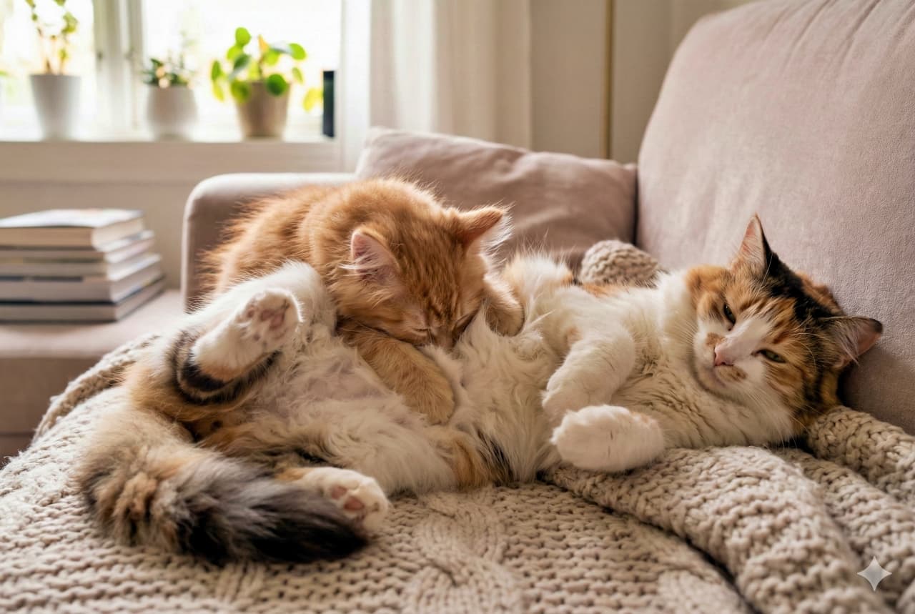 「フワフワお布団でスヤスヤ。ママのお腹に埋もれて、どんな夢を見てるのかな？」A candid photo of a long-haired calico mother cat sleeping deeply curled up on an armchair, with a ginger kitten nestled deeply into her belly fur. A stack of books and a mug are on a side table in the background. 肘掛け椅子の上で丸くなって深く眠る長毛の三毛猫母さんのお腹の毛に、茶トラの子猫が顔を埋めて寄り添っている温かい写真。背景のサイドテーブルには本とマグカップが置かれている