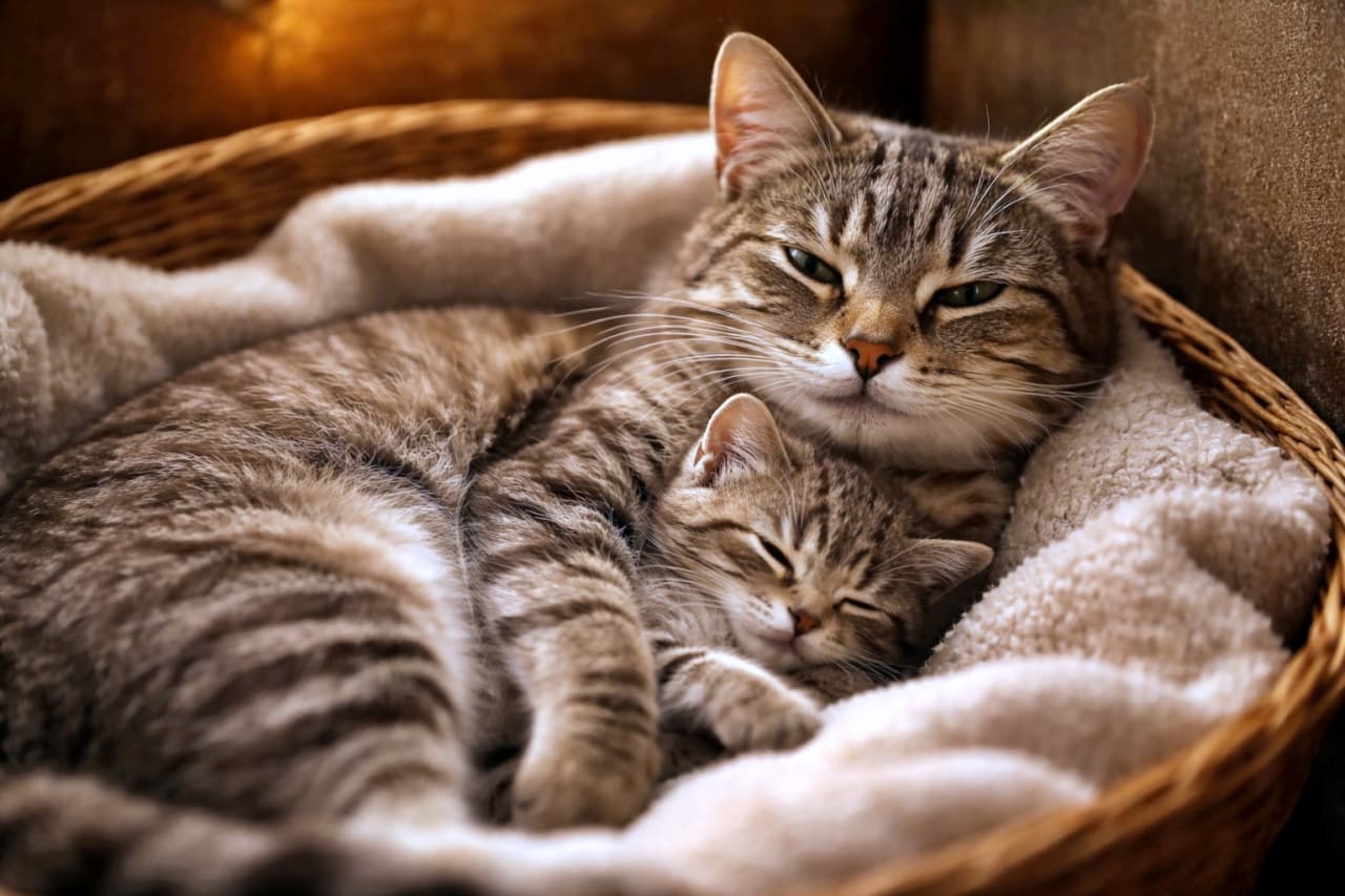 「ぴったり寄り添って、ぬくもり共有中。この安心感、ずっと見ていたくなる…🐾」A mother cat resting in a cozy corner while her small kitten cuddles close against her belly, eyes half-closed in comfort, softly lit with warm dim light. 薄暗く暖かな光の中、居心地のよい隅で横たわる母猫のお腹に、安心した表情の子猫が寄り添って眠っている様子