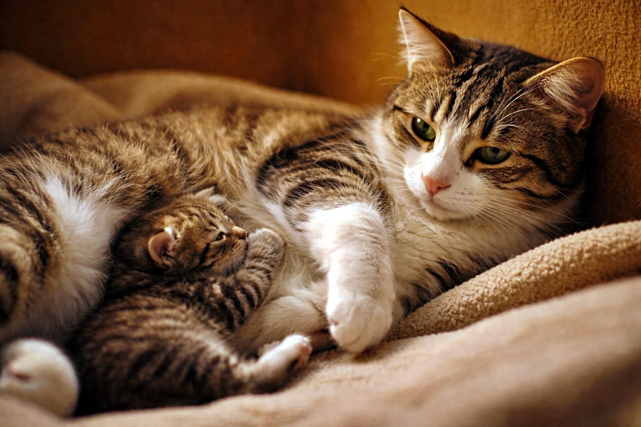 「そっと寄り添うしあわせ時間。母猫のぬくもりに包まれて、子猫は今日も安心顔」A mother cat lying on her side in a quiet corner, gently gazing down at her kitten nestled against her belly, the kitten’s paws resting softly on her fur in warm, dim light. 静かな片隅で横になった母猫が、お腹に寄り添う子猫を優しく見つめ、子猫の小さな前足が母猫の毛にそっと触れている温かな光の写真