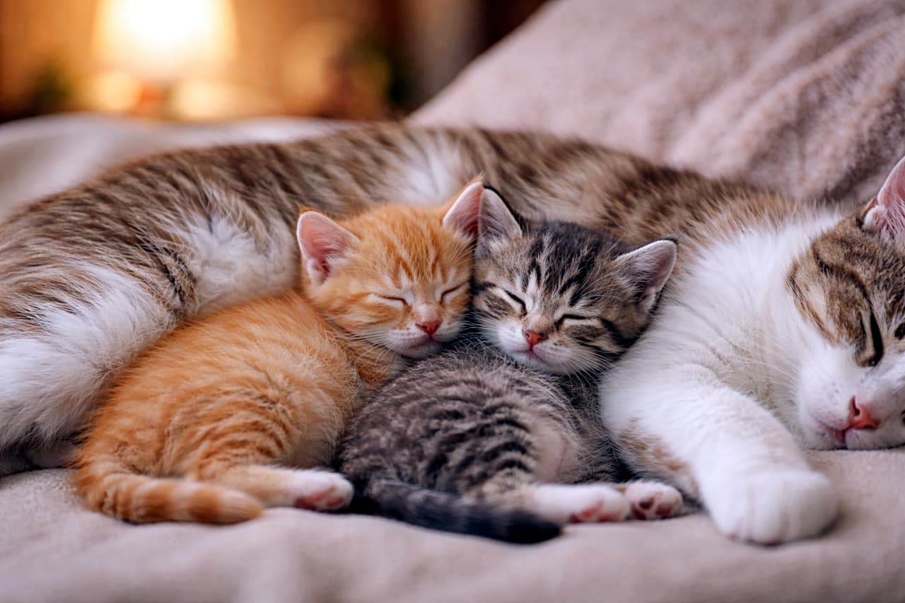 「お母さんのお腹がいちばん安心。ぴったり寄り添って、夢の中へ…💤🐾」Two kittens sleeping closely curled against their mother cat’s belly in a cozy indoor setting, captured in a high-resolution horizontal photograph. 室内の穏やかな空間で、母猫のお腹に寄り添って眠る2匹の子猫を写した高解像度の横長写真