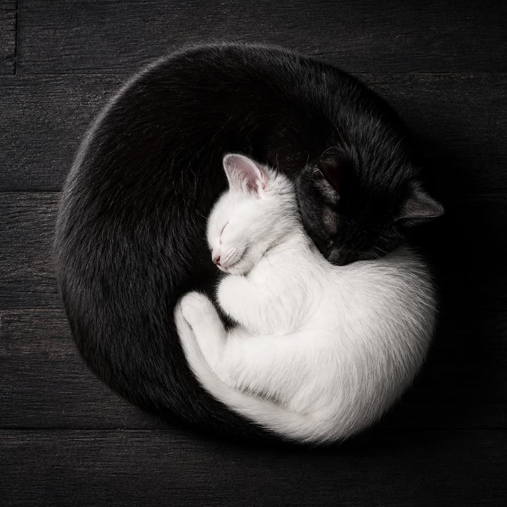 「まるで陰陽☯️黒猫ママと白猫ちゃんのシンクロ寝が尊すぎる…！静かな愛を感じるアートな一枚🐈‍⬛🤍 #子猫 #猫の愛情」Ultra-realistic high-quality photograph from a top-down perspective showing a large black cat and a small white kitten curled up together to form a Yin-Yang circle on a dark wooden floor. Dramatic high-contrast lighting captures the intricate texture of their monochromatic fur. 濃い色の木目の床の上で、大きな黒猫と小さな白猫が互いに体を丸めて眠り、まるで陰陽（インヤン）のシンボルのような美しい円形を描いている真俯瞰の構図。コントラストが効いたドラマチックなライティングで、黒と白の毛並みの質感が細部までリアルに描写された高品質な写真