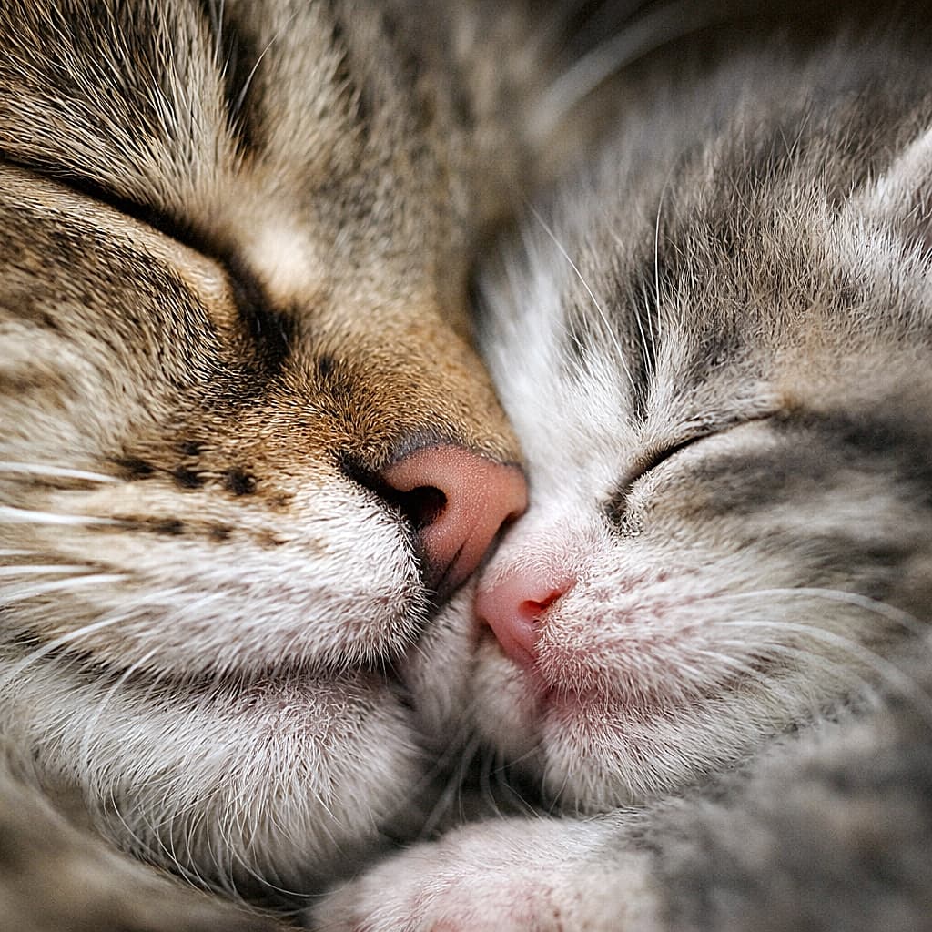 「鼻と鼻をくっつけて、すやすや夢の中。ひげまで絡まりそうな距離で眠る親猫と子猫。見ているこちらまで心がふわっとほどける、やさしい時間🐾」Extreme macro photo of a parent cat and tiny kitten sleeping nose to nose, their whiskers touching in a tender, intimate moment with a soft blurred background. 親猫と子猫が鼻を寄せ合い、ひげが触れ合う距離で眠っている極端なマクロ写真。背景はぼけており、優しく親密な瞬間にフォーカスしている