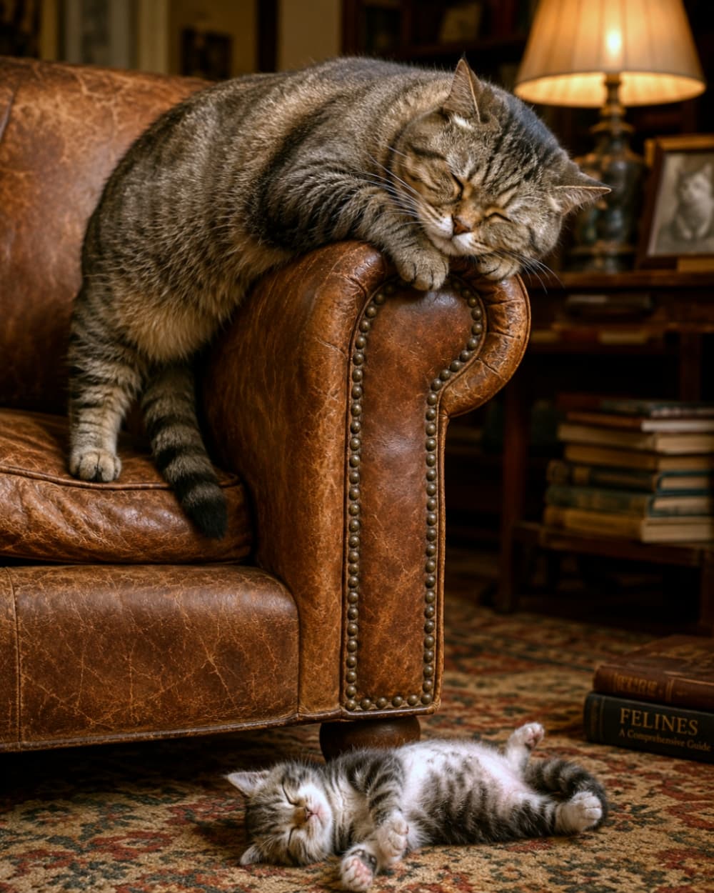 「上と下でそれぞれの特等席を満喫中💤 クラシックな家具と猫の組み合わせって最高ですよね✨ #アンティークインテリア #猫の寝相」Ultra-realistic high-quality photograph of a large tabby cat sleeping on the armrest of an antique brown leather armchair, while a kitten sleeps on its back on a Persian-style rug below. The background resembles a classic study room. アンティーク調のブラウンレザーアームチェアの肘掛けに寄りかかって眠る大柄なキジトラ猫と、足元のペルシャ風ラグの上で仰向けになって無防備に眠る子猫の高画質写真。クラシックな書斎のような背景です