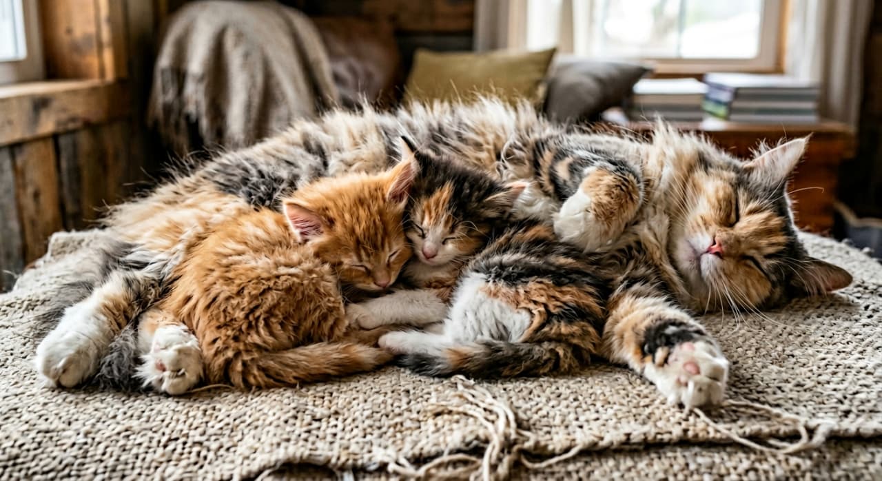 「ふわふわの幸せがここに大集合！🧶お母さんの温もりに包まれて、子猫たちも夢の中。見てるだけで癒やされる〜🐈💕」Ultra-realistic high-quality photograph of a fluffy calico mother cat and two kittens (orange and calico) sleeping together on a textured knit rug in a warm, cozy room. 柔らかなニット素材のラグの上で、長毛の三毛猫のお母さんと、オレンジと三毛の子猫が仲良く寄り添って眠っている様子。温かみのある屋内の照明