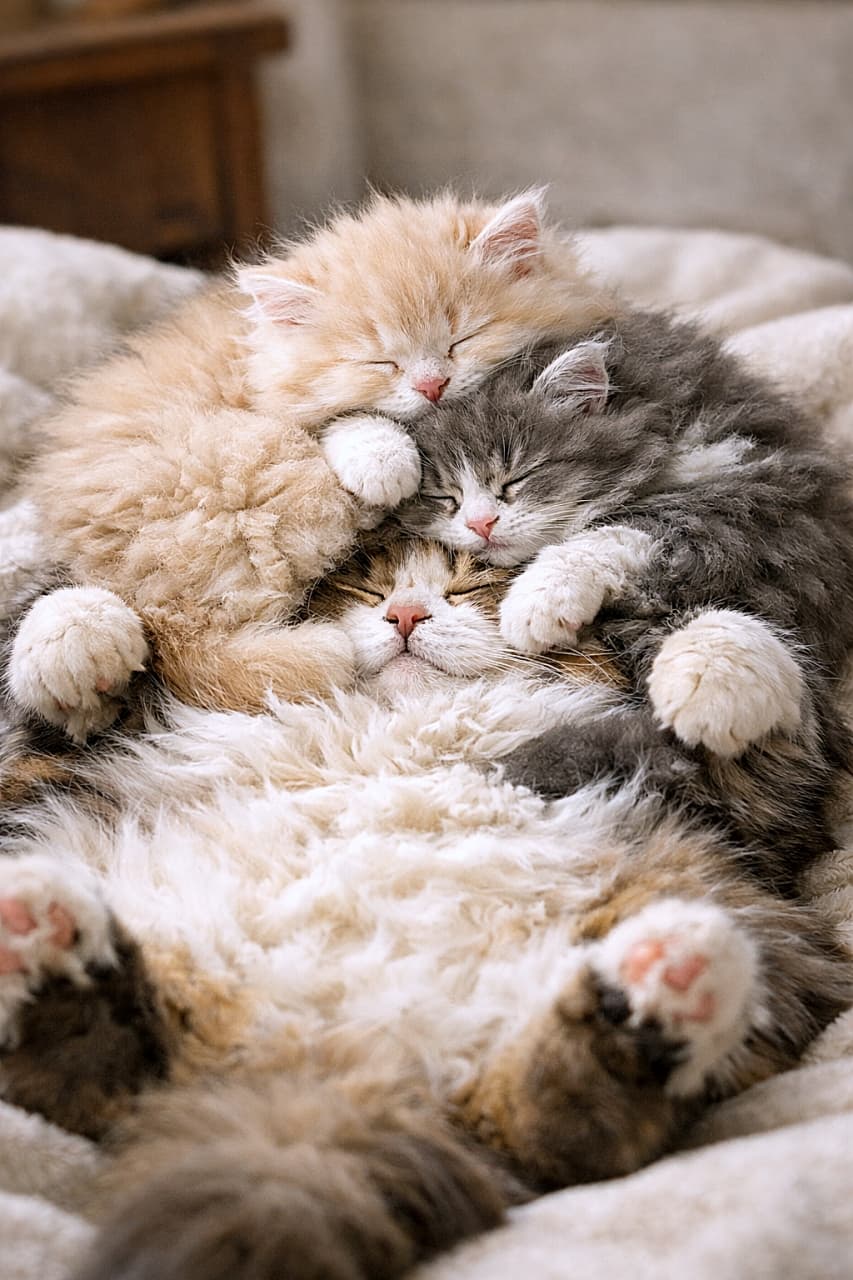 「もふもふ親猫のお腹の上に子猫がどーん！さらにもう1匹どーん！結果、完成したのは「可愛さ100％の毛玉マウンテン」。見てるだけで幸せな昼寝タイム🐾」A fluffy parent cat lies on its back while two equally fluffy kittens sleep on its chest, forming an adorable pile of fur in a candid, photorealistic moment. ふわふわの親猫がお腹を上にして寝転び、その胸の上で同じくふわふわの子猫2匹が眠る、毛玉の山のように可愛い瞬間の写真