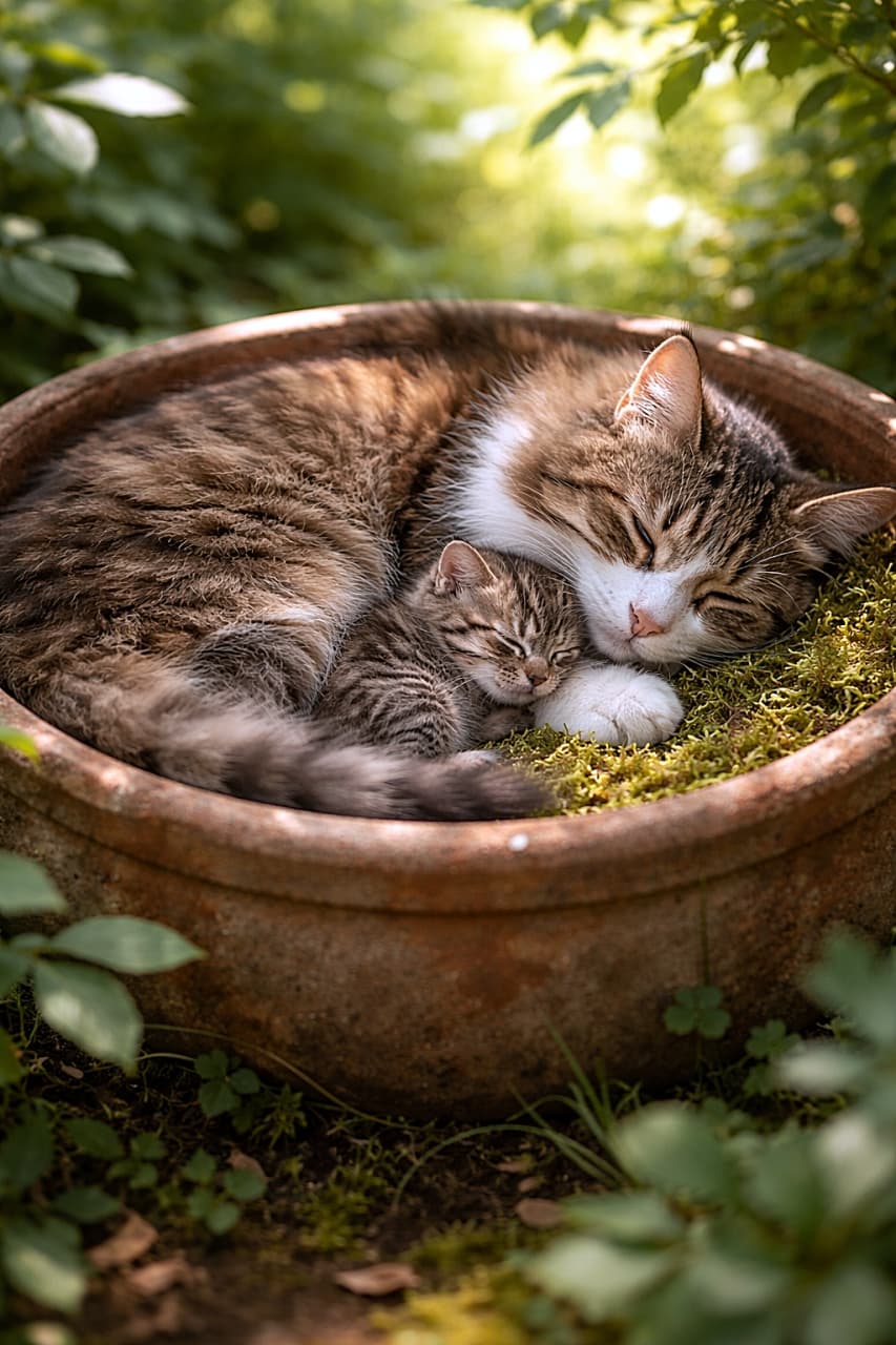 「お庭のテラコッタ鉢が今日は特別なベッド。ふわふわの母猫と小さな子猫が、苔のクッションでぐっすりお昼寝。木漏れ日のぬくもりに包まれる、やさしいひととき」A mother cat and her tiny kitten sleeping curled together inside a rustic terracotta planter in a lush green garden, surrounded by soft moss and warm dappled sunlight. 緑豊かな庭で、苔の敷かれた素焼きのテラコッタ鉢の中で寄り添って眠る母猫と小さな子猫。木漏れ日がやさしく差し込む穏やかな光景