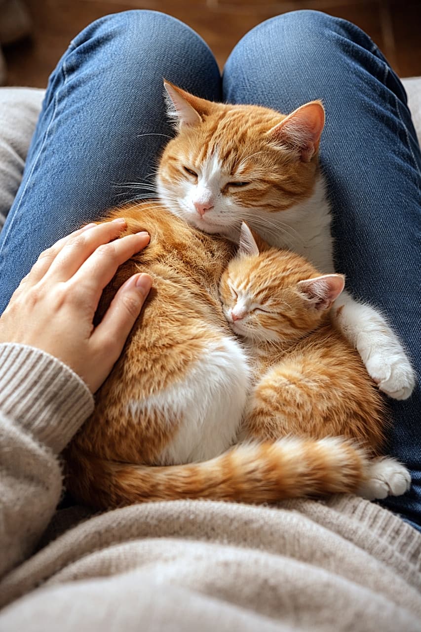 「膝の上に広がる小さな幸せ。母猫と子猫がすやすや夢の中、背中にそっと手を添えると、信頼してくれているぬくもりがじんわり伝わってきます🐾」A POV photo looking down at a person’s lap in blue jeans where a mother cat and her kitten are curled up asleep together, while a human hand gently rests on the mother cat’s back, creating a warm and cozy moment of trust. ジーンズの膝の上で母猫と子猫が寄り添って眠り、人の手が母猫の背中にそっと添えられている、信頼とぬくもりを感じるPOV写真