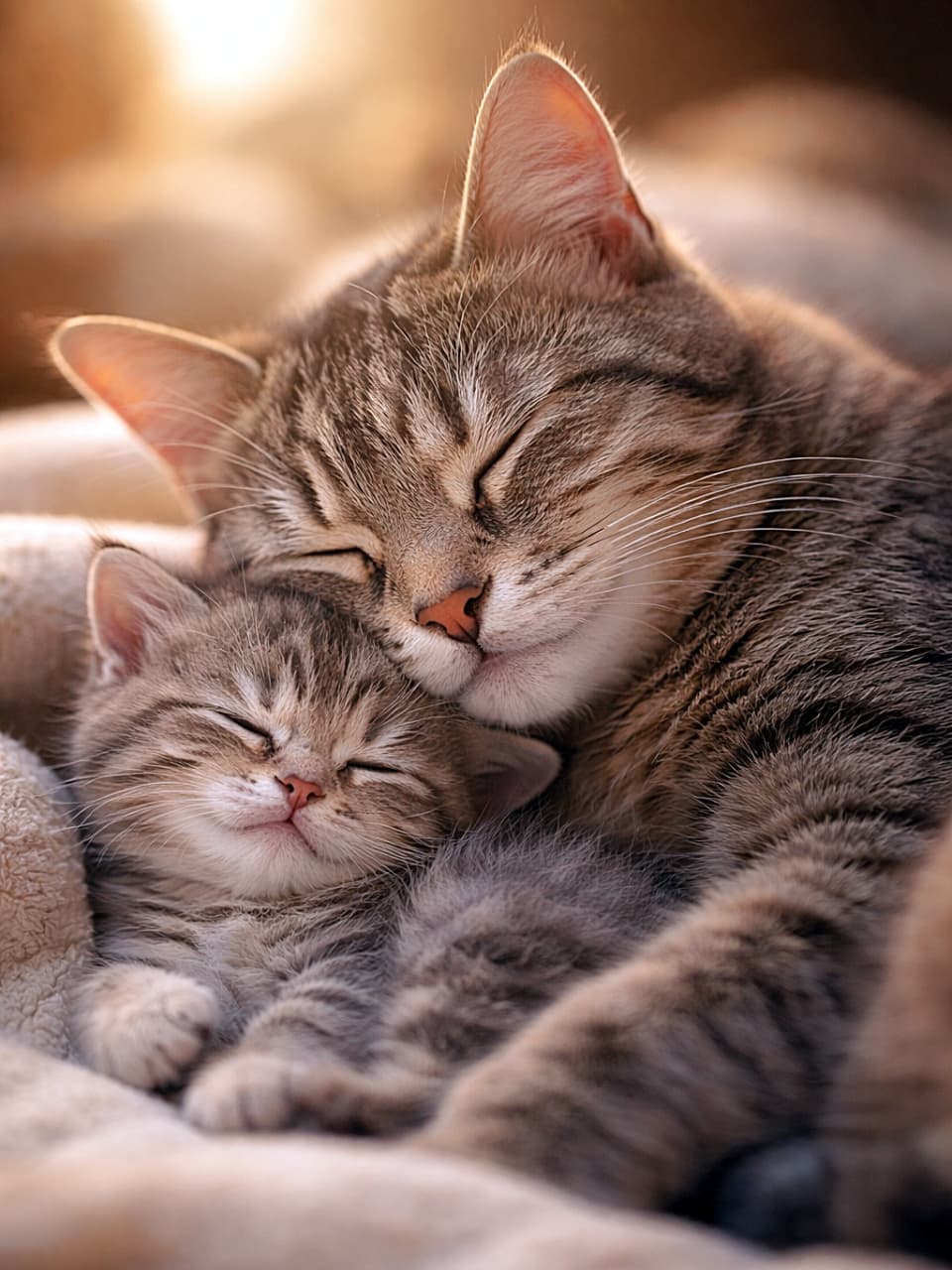 「ブランケットの上でぴったり寄り添ってお昼寝中の母猫と子猫。頬をそっと重ねた瞬間に、あたたかい愛情と安心感がふんわり広がります。見ているだけでほっこり🐱💤」A photorealistic close-up of a mother cat gently pressing her cheek against her sleeping kitten on a soft blanket, both with eyes closed in warm, tender light. 柔らかいブランケットの上で、母猫が子猫に頬を寄せながら寄り添って眠るフォトリアルなシーン。温かい光に包まれた穏やかなひととき