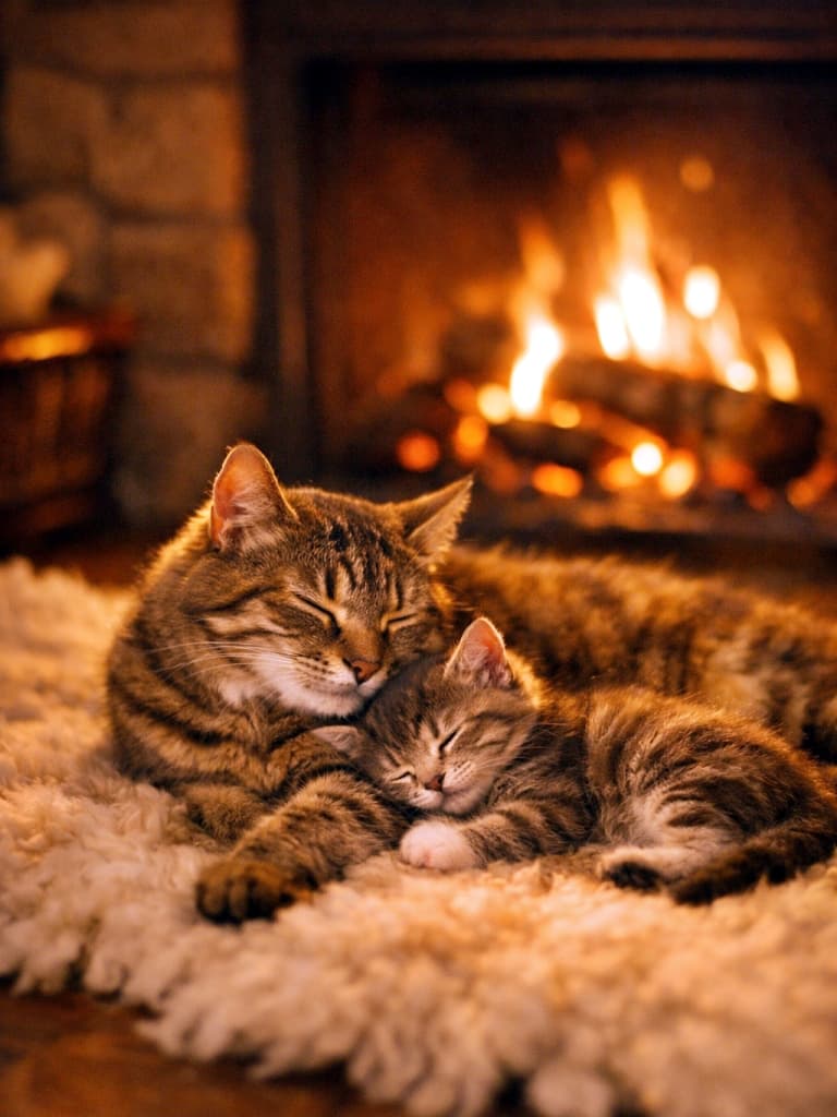 「暖炉のぬくもりに包まれて、母猫と子猫は夢の世界へ。冬のごほうび時間🐾🔥」A mother cat and her kitten sleeping together on a sheepskin rug in front of a warm, crackling fireplace. 暖炉の前のシープスキンラグの上で、母猫と子猫が寄り添って眠っている様子
