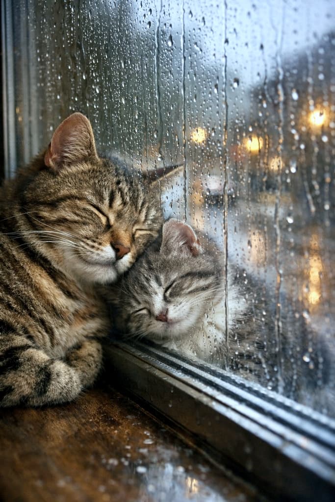 「雨音に誘われて、窓辺でうたた寝……と思ったら、子猫がガラスをすり抜けた件」A mother cat and her kitten sleeping indoors by a rainy window, with the mother’s head clearly resting against the glass. The kitten appears partially distorted by reflections, making its face look as if it is on the opposite side of the window, an image-generation error caused by glass reflection and transparency effects. Raindrops streak down the window, creating a calm, melancholic mood. 雨粒が流れる窓辺で眠る母猫と子猫。母猫は室内側でガラスにもたれているが、子猫の顔は反射表現の破綻により、ガラスの外側にあるように見えてしまう生成上の事故が発生している。全体は静かで物悲しく穏やかな雰囲気