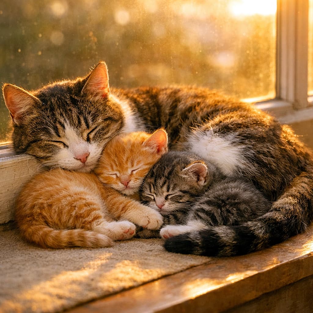 「夕日の窓辺でぎゅっとくっついてお昼寝タイム。母猫に包まれて安心しきった子猫たち、見ているだけで心までぽかぽかしてくる幸せなひととき」Mother cat and two tiny kittens sleeping together on a sunlit windowsill during golden hour, warm and peaceful photorealistic scene 夕日の差し込む窓辺で、母猫と2匹の子猫が寄り添って眠る温かく穏やかな光景