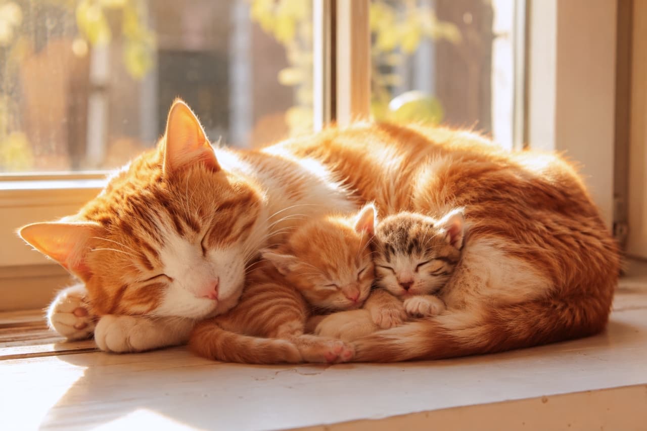 「ぽかぽか陽だまりでお昼寝タイム☀️ママのぬくもりは世界一のベッドだね🐈🧡 #茶トラ猫 #ひなたぼっこ」Ultra-realistic high-quality photograph of an orange mother cat and two tiny kittens sleeping tightly curled up together on a sunlit windowsill, with warm backlighting. 暖かい日差しが差し込む窓の桟で、母猫の体に挟まれるようにして眠る2匹の茶トラの子猫たち。逆光気味の光が猫の輪郭を黄金色に輝かせている写真