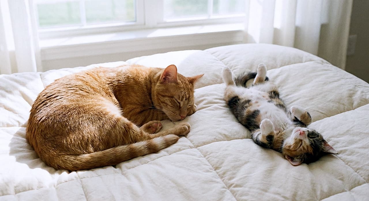 「ぽかぽかお日様の下でスヤスヤ☀️ 丸まる茶トラ親猫と、バンザイ寝の三毛子猫の対照的な姿にキュン💕」A photorealistic horizontal photograph of an adult orange tabby cat sleeping curled up on a white quilted bedspread. Next to it, a calico kitten is sleeping completely upside down with its paws in the air, showing its belly. Bright natural light shines from a window in the background. 白いキルティングのベッドカバーの上で体を丸めて眠る茶トラの親猫と、その隣で仰向けになり前足を空中に上げてお腹を見せて眠る三毛の子猫の写実的な横長写真。背景の窓からは明るい自然光が差し込んでいる