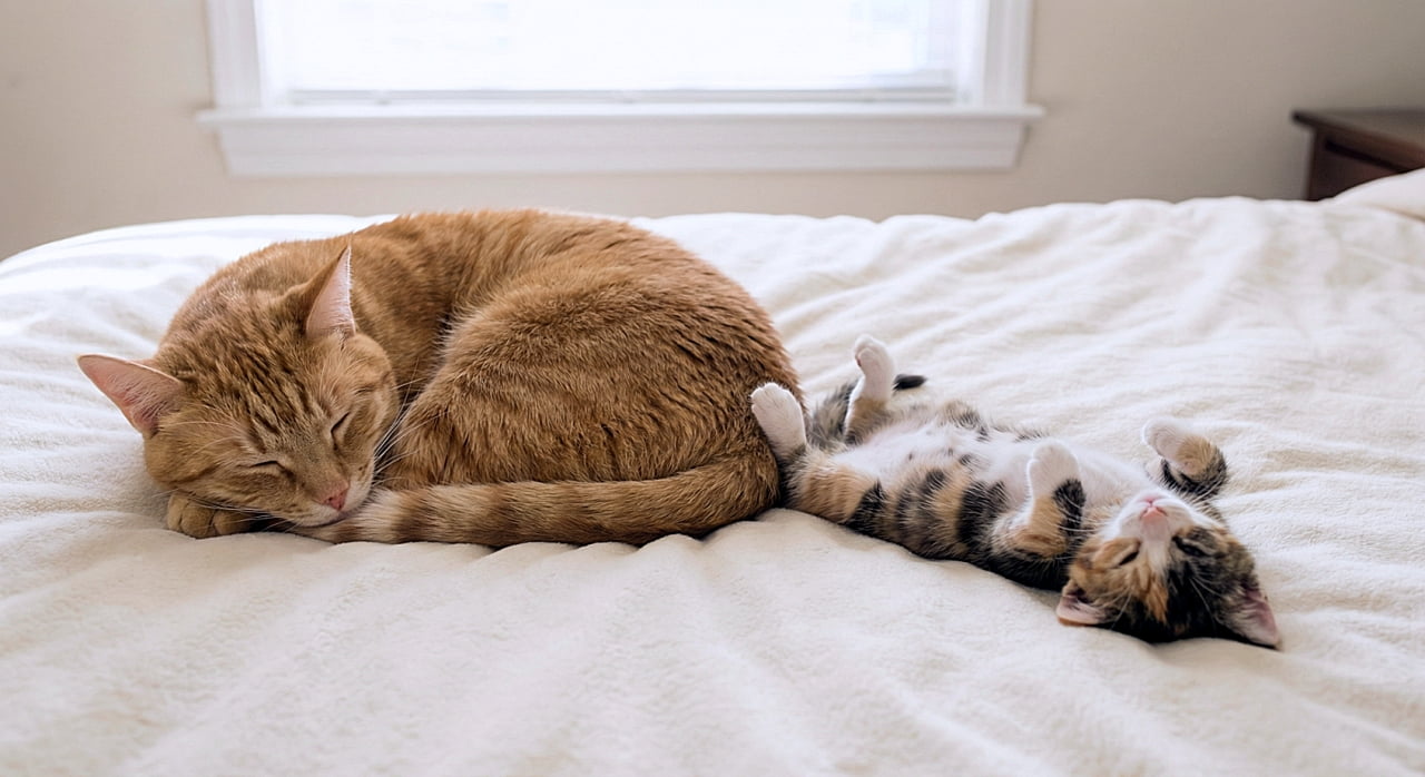「こちらの三毛子猫も豪快なヘソ天！🐾 丸まって眠る茶トラ親猫とのギャップがたまらない一枚✨」A photorealistic horizontal photograph of an adult orange tabby cat sleeping curled up on a smooth white blanket. Beside it, a calico kitten is sleeping on its back with its paws curled in the air. The background shows a simple wall and a window with blinds. 滑らかな白い毛布の上で体を丸めて眠る茶トラの親猫と、その横で前足を宙に浮かせて仰向けに眠る三毛の子猫の写実的な横長写真。背景にはシンプルな壁とブラインド付きの窓が写っている