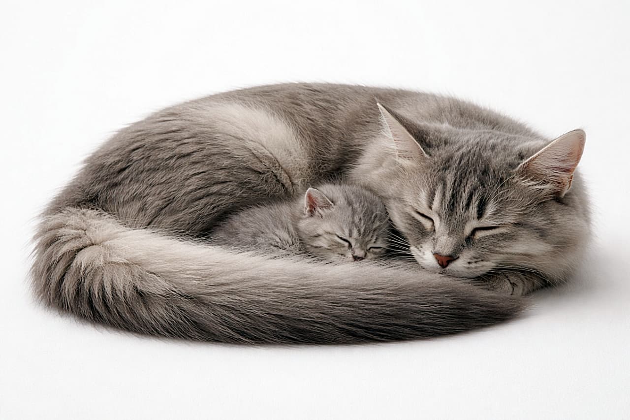 「くるんと丸まった親猫のしっぽが、子猫のやさしい毛布に。ミニマルな世界にぎゅっと詰まった、静かであたたかい親子の眠り😺💤」Elegant studio photo of a parent cat curled into a circle, its long bushy tail gently wrapped over a sleeping kitten like a protective blanket on a clean minimalist background. 丸くなって眠る親猫が、ふさふさの長いしっぽで子猫をそっと包み込むように覆っているミニマルなスタジオ写真