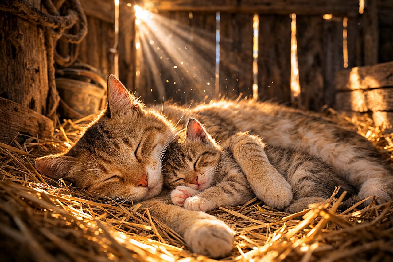「納屋の干し草ベッドでぐっすりお昼寝中の母猫と子猫。木の隙間から差し込む光がふわっと包み込んで、まるで時間がゆっくり流れているみたい🐾」Sleeping mother cat and kitten cuddled together on golden hay inside a rustic barn, with warm sunbeams streaming through wooden cracks and illuminating dust in the air. 古い木造の納屋の干し草の上で寄り添って眠る母猫と子猫。木の隙間から差し込む光がほこりを照らす、温かくノスタルジックな風景