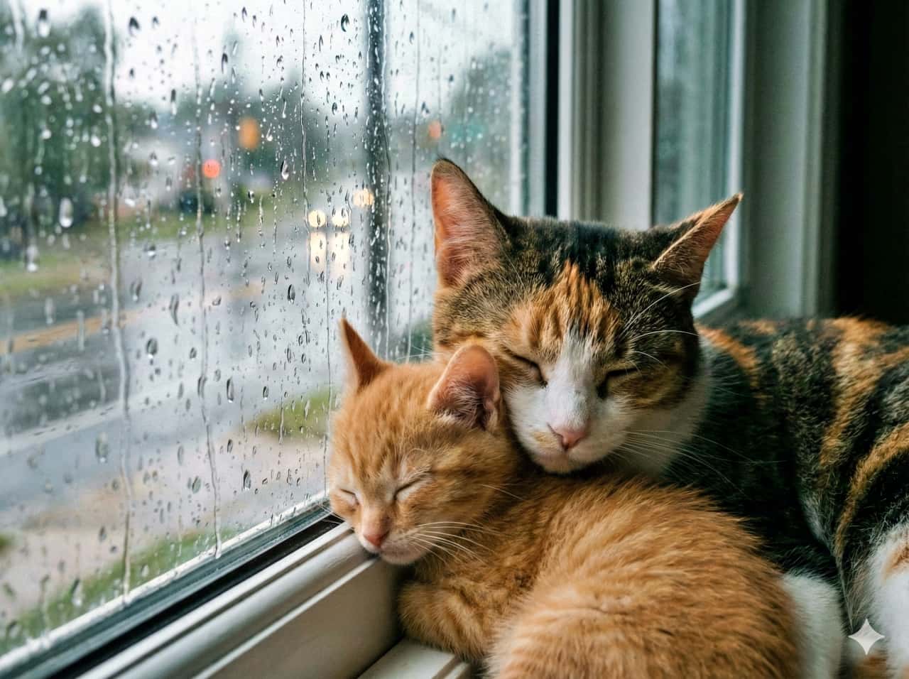 「雨の日はお家でスヤスヤ。窓辺で寄り添う猫ちゃん親子の寝顔に、こっちまでウトウトしちゃう」A mother calico cat and a small ginger kitten are asleep inside, huddled together with their heads resting against a rain-streaked windowpane, blurring the wet street view outside. The mood is melancholic yet peaceful. 部屋の中で、三毛猫の母猫と茶トラの子猫が寄り添って眠っている。頭を雨粒が伝う窓ガラスにもたせかけており、外の雨に濡れた街並みがぼやけて見える。静かで少し切ない、穏やかな雰囲気