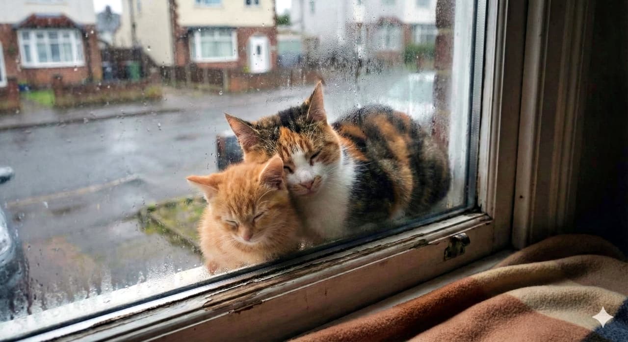 「寒い雨の日も二人なら平気！窓の外でぴったりくっついて眠る姿が健気で、守ってあげたくなるね」A calico cat and a ginger kitten are huddled together sleeping on a ledge outside a condensation-covered window, pressing their bodies against the glass. A rainy, blurred street scene is visible behind them. 結露した窓ガラスの外側の桟（さん）で、三毛猫と茶トラの子猫が体を寄せ合って眠っている。寒さをしのぐように窓に体を押し付けており、背景には雨の日のぼんやりとした街並みが広がっている