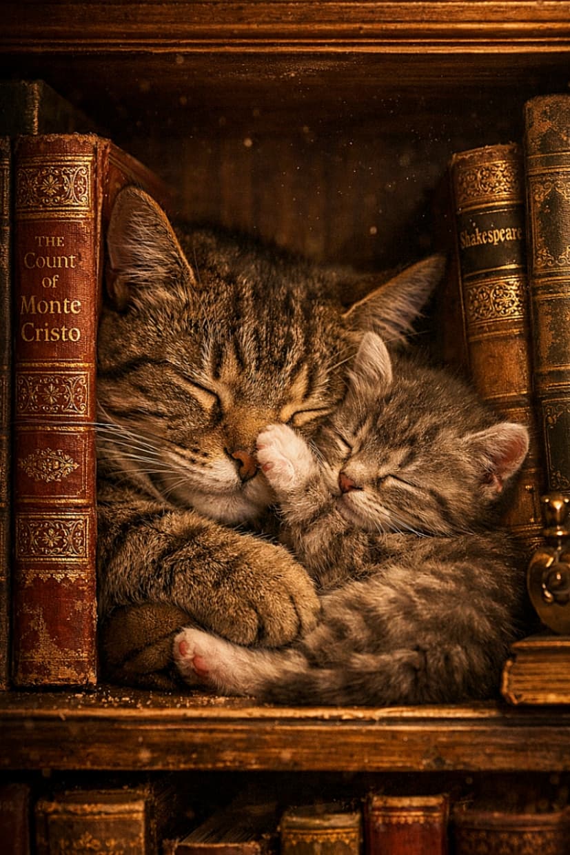 「本棚のすき間は、猫たちの秘密のベッド。革装丁の本に囲まれて、親猫の鼻にちょこんと前足をのせた子猫もぐっすり夢の中📚🐾」A parent tabby cat and its kitten sleeping together on a wooden bookshelf between antique leather-bound books, softly lit, with the kitten’s paw resting on the parent’s nose. アンティークの革装丁の本に挟まれた本棚で、親猫と子猫が寄り添って眠る様子。子猫の前足が親猫の鼻にそっと乗っている