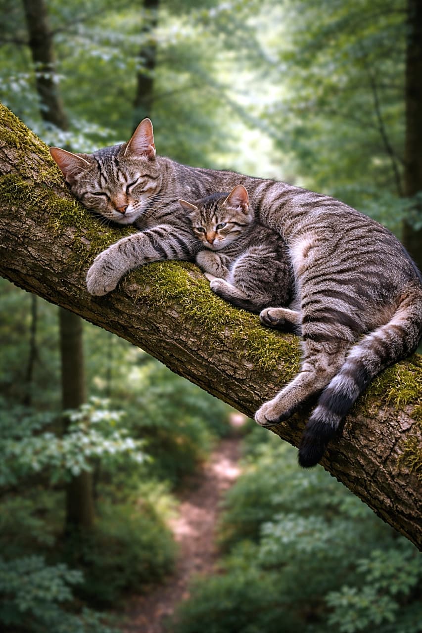 「森の高い枝の上でぐっすりお昼寝する親猫と子猫。ちょっとスリルのある場所でも、ぴったり寄り添えば安心。自然のゆりかごみたいな穏やかなひととき🌿🐾」A parent tabby cat sleeps stretched along a moss-covered tree branch while a small kitten nestles safely against its side, high above the forest floor in soft natural light. 苔むした太い木の枝の上で親猫が体を伸ばして眠り、その体に寄り添う子猫が森の高い場所で安心してくつろいでいる様子