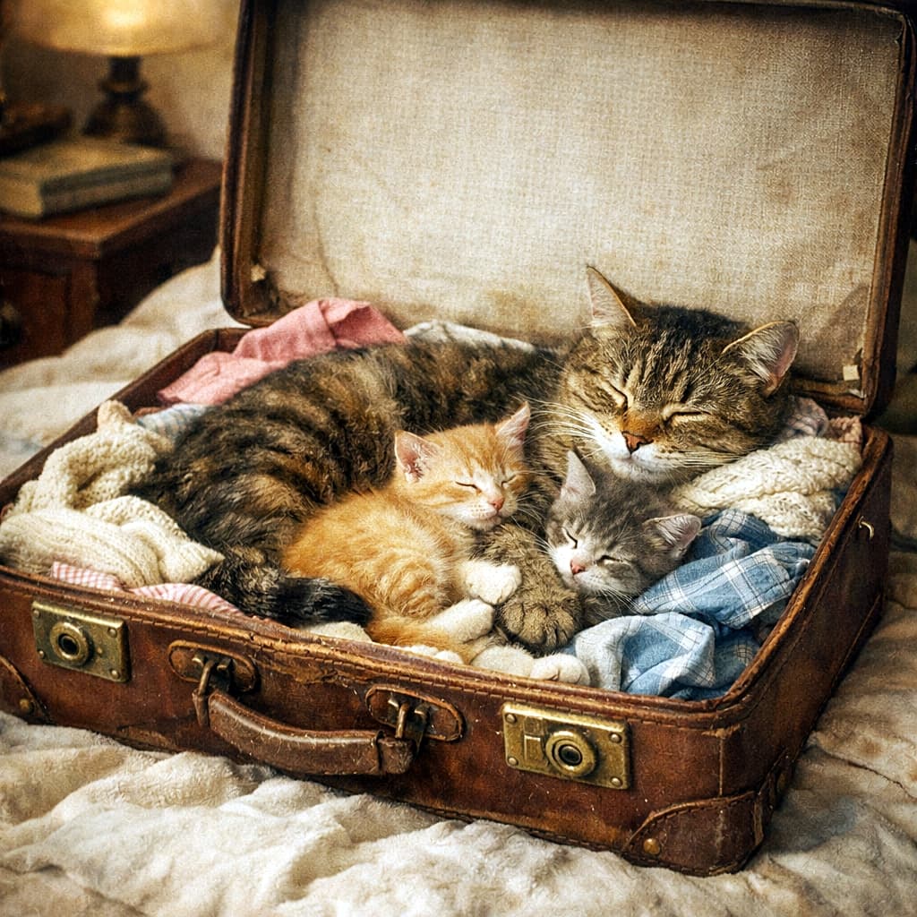 「旅支度のはずが、いつの間にか猫たちの秘密のベッドに。ヴィンテージのスーツケースで母猫と子猫がすやすやお昼寝中🐾温もりたっぷりの小さな物語」A mother cat and two kittens sleeping inside an open vintage suitcase filled with clothes on a bed, warm nostalgic lighting. ベッドの上の開いたヴィンテージスーツケースの中、服に埋もれて眠る母猫と2匹の子猫の温かくノスタルジックな光景