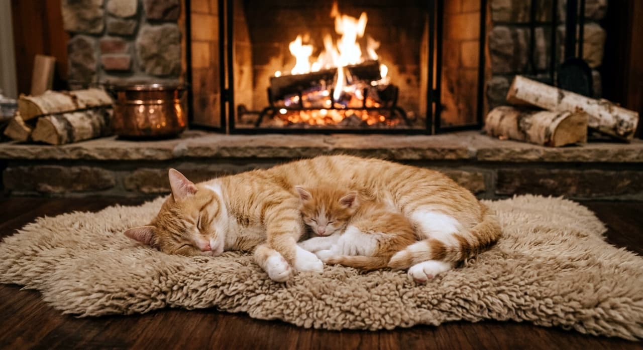 「こちらは茶トラ親子の暖炉タイム🍊🐈 炎の暖かさが画面越しに伝わってくるような至福のひとときです💕」Ultra-realistic high-quality photograph of a ginger and white mother cat and her kitten sleeping embraced on a fluffy rug in front of a brick fireplace with burning logs, evoking a cozy atmosphere. 薪が燃える暖炉の前のふわふわのラグの上で、茶トラ白の親猫と子猫が抱き合うようにして眠っている写真。レンガ造りの暖炉と薪が背景にあり、居心地の良さを感じさせる