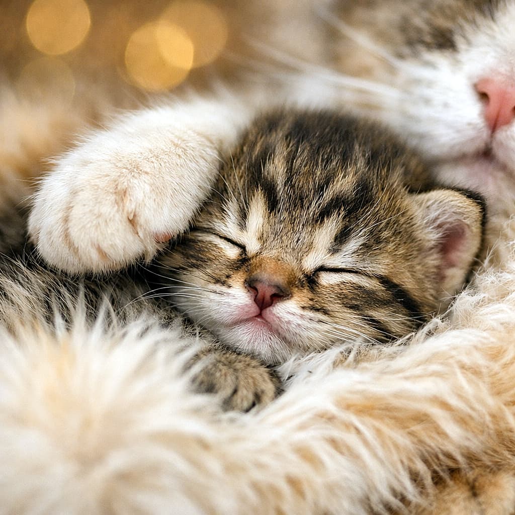 「ふわふわのお腹がいちばん安心するベッド。ママ猫のやさしい前足に守られて、子猫は今日も夢の中。見ているこちらまでほっこりする、幸せすぎるお昼寝タイム🐾」A tiny kitten sleeps peacefully on its mother's fluffy belly while the mother cat gently rests a paw over the kitten. Extreme close-up macro photo with soft bokeh background, highlighting the kitten’s calm face and the warm texture of the mother's fur. 母猫のふわふわのお腹の上で小さな子猫がぐっすり眠り、母猫がそっと前足を添えている様子を捉えたマクロ写真。子猫の穏やかな寝顔と母猫の柔らかな毛並みが印象的