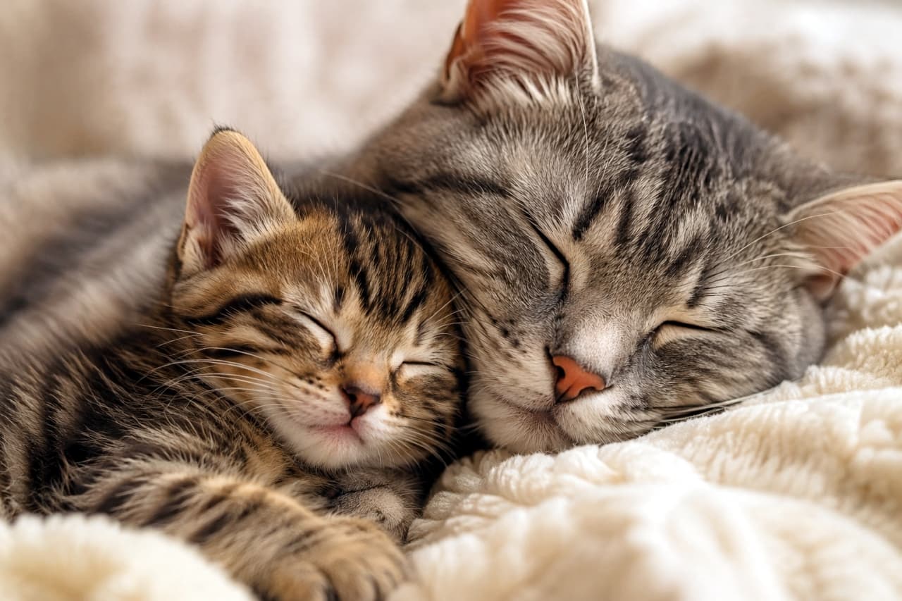 「尊すぎる寝顔…🥺💕 ピタッとくっついて眠る親子猫の姿に、日々の疲れも吹き飛びますね✨ #猫好きさんと繋がりたい #親子の絆」Ultra-realistic high-quality photograph close-up of a mother cat and her tabby kitten sleeping peacefully while snuggling together on a fluffy blanket, bathed in soft light. ふわふわの毛布の上で、キジトラの子猫とサバトラの親猫が顔を寄せ合って幸せそうに眠っているクローズアップ写真。柔らかな光が被写体を包み込んでいる