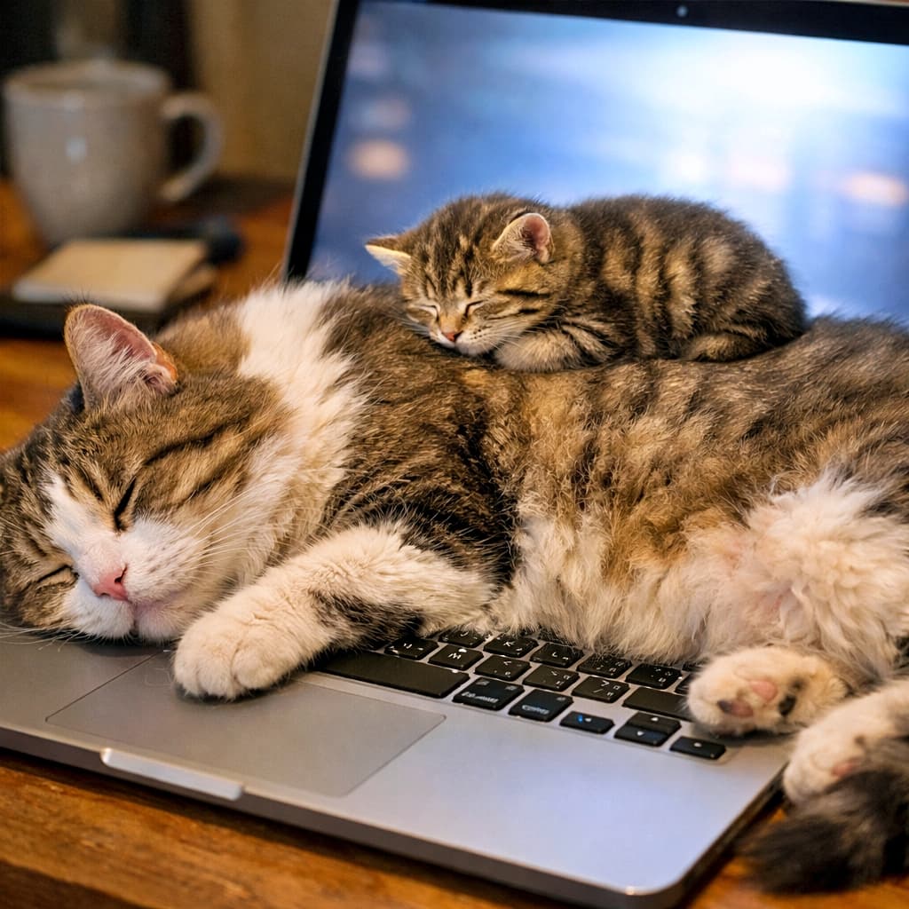 「仕事中断不可避。キーボードはベッド、背中は子猫専用席。今日も猫に負けました」A fluffy parent cat sleeping across a laptop keyboard with a small kitten loafed and asleep on its back, softly lit by the glowing screen in a cozy indoor setting. 
ノートパソコンのキーボードの上で眠る親猫の背中に、香箱座りの子猫が乗って一緒に眠っている室内の様子