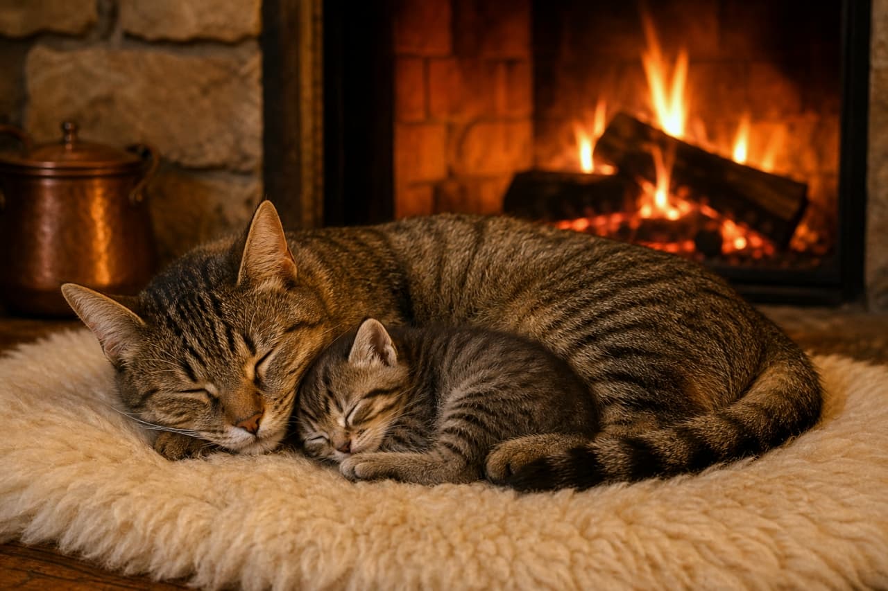 「暖炉の火と猫ちゃんの最強コンビ🔥🐾 寒い日でも心が芯から温まる癒やしのワンシーンですね✨」Ultra-realistic high-quality photograph of a tabby mother cat and her kitten sleeping snugly on a fluffy rug in front of a crackling fireplace, illuminated by the warm orange glow of the fire. 燃え盛る暖炉の前で、キジトラの親猫と子猫がふわふわのムートンラグの上で寄り添って眠っている様子。暖炉のオレンジ色の光が猫たちを温かく照らし出しているリアルな高画質写真