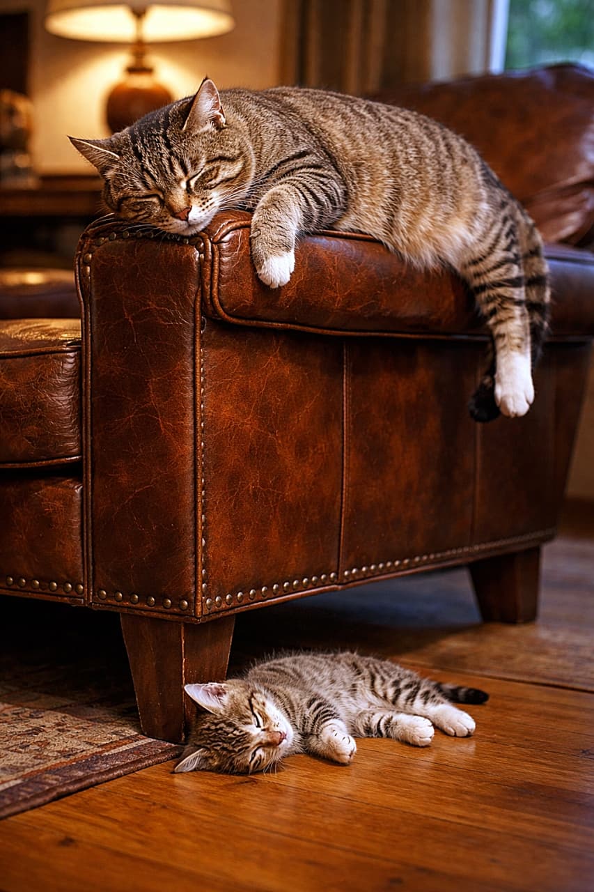 「椅子の肘掛けで器用に爆睡する親猫。その真下では子猫がコテンと夢の中。どうやらさっきまで一緒に寝ていた…？と思わせる、ちょっと笑える平和な昼下がり🐱」Sleeping parent cat balanced on the narrow armrest of a vintage leather armchair while a tiny kitten sleeps on the wooden floor below, as if it just tumbled off, in warm indoor lighting. ビンテージの革張りアームチェアの細い肘掛けで眠る親猫。その真下の床では、落ちてしまったかのように子猫がぐっすり眠っているユーモラスな室内シーン