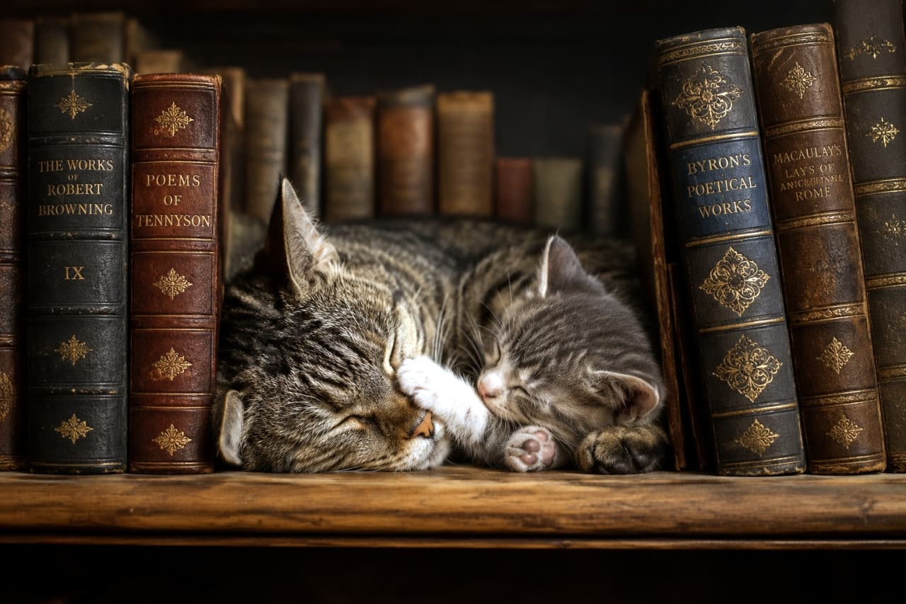「本の隙間が最高のベッド📚✨知的な香りが漂う？本棚で眠るキジトラ親子🐈📖 #アンティーク #猫と本」Ultra-realistic high-quality photograph of a tabby mother cat and kitten sleeping tightly squeezed between beautifully bound antique books on a wooden bookshelf. クラシックな装丁のアンティーク洋書が並ぶ木製の重厚な本棚で、本と本の狭いスペースに挟まるようにして眠るキジトラ猫の親子。芸術的な雰囲気の写真