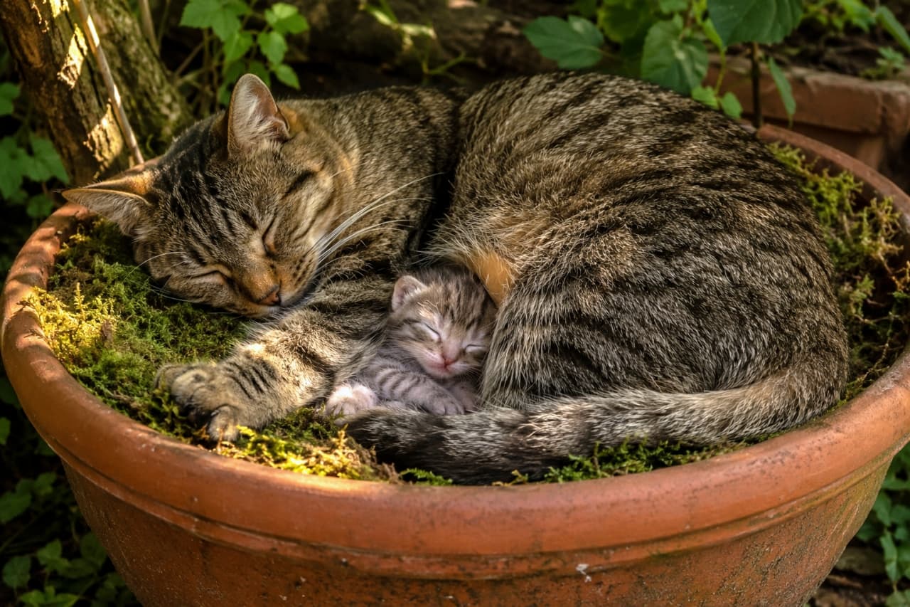「鉢植えにすっぽり🪴🌿ふかふかの苔のベッドで丸くなる仲良し親子🐈💚 #猫と植物 #キジトラ」Ultra-realistic high-quality photograph of a tabby cat and her kitten sleeping tightly curled up together inside a large terracotta pot filled with green moss. 緑の苔が敷き詰められた素焼きの大きな鉢植えの中で、体を丸めてすっぽりと収まり眠るキジトラ猫の親子。自然との調和を感じる美しい写真