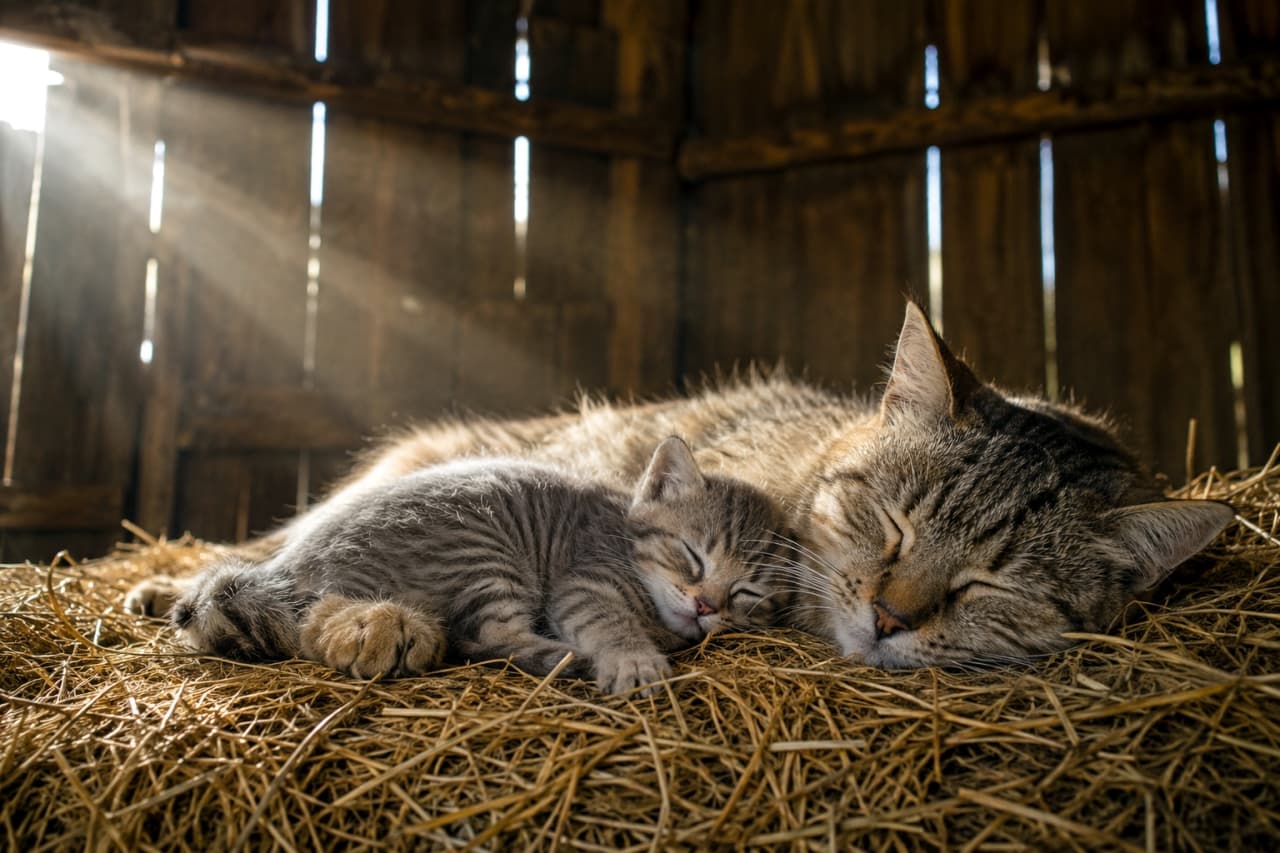 「優しい光に包まれて…☀️干し草のベッドで仲良くお昼寝中のキジトラ親子🐈💤 #キジトラ #田舎暮らし」Ultra-realistic high-quality photograph of a tabby mother cat and kitten sleeping together on hay in a rustic wooden barn, beautifully illuminated by dramatic sunbeams. 薄暗い木造の納屋の中、差し込む美しい光の筋（光芒）に照らされながら、干し草の上で身を寄せて眠るキジトラ猫の親子。温かみのあるドラマチックな写真